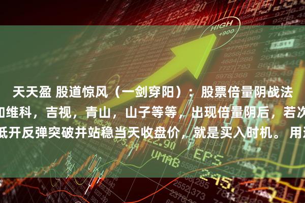 天天盈 股道惊风（一剑穿阳）：股票倍量阴战法，是N型战法特例！比如维科，吉视，青山，山子等等，出现倍量阴后，若次日低开反弹突破并站稳当天收盘价，就是买入时机。 用这战法选股有几个要点：1个股